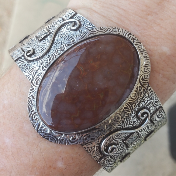 New Oversized Seam Agate 925 Silver Cuff Bracelet. - Picture 9 of 15